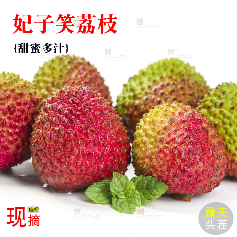 白底上摆放着妃子笑荔枝