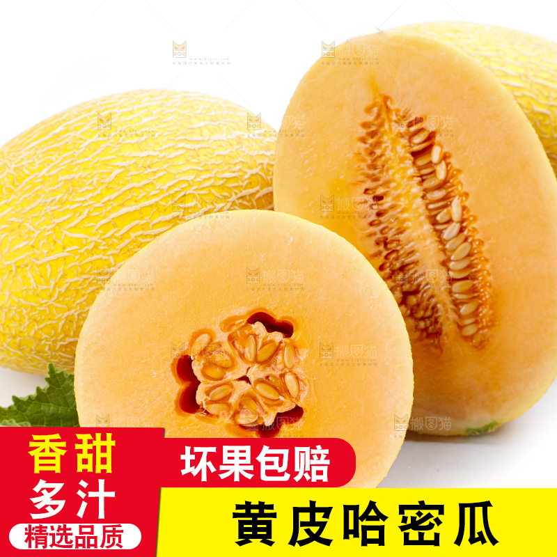 白底上摆放着黄皮蜜瓜