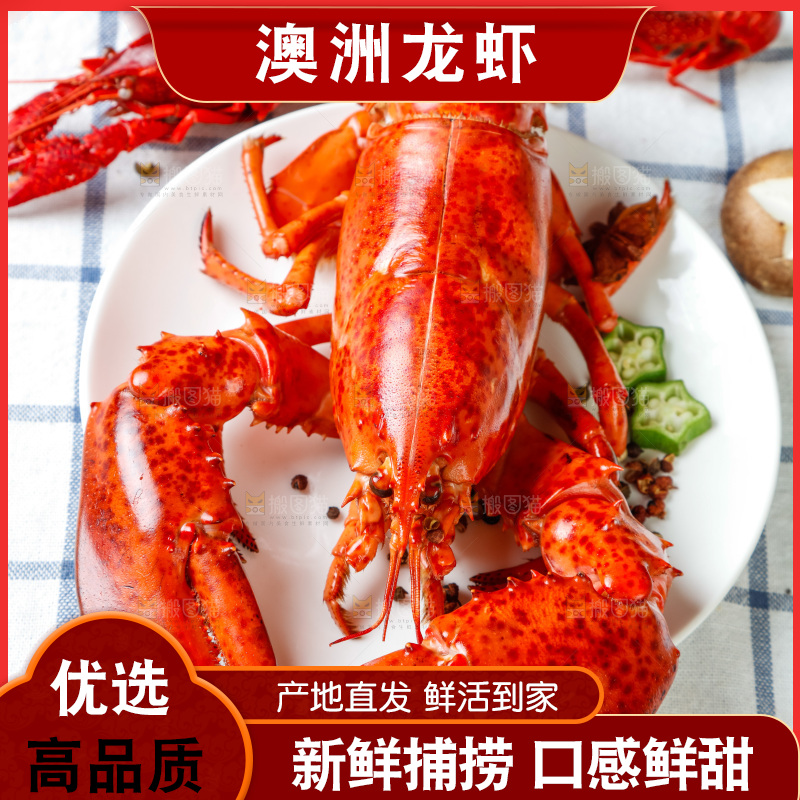 格子布上放着一盘大龙虾