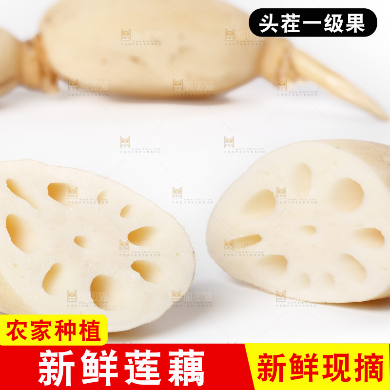白底上放着切开的九孔莲藕