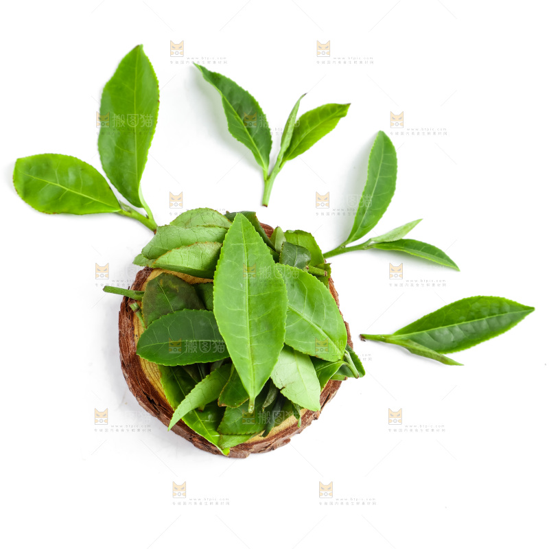 白底上放着绿茶叶