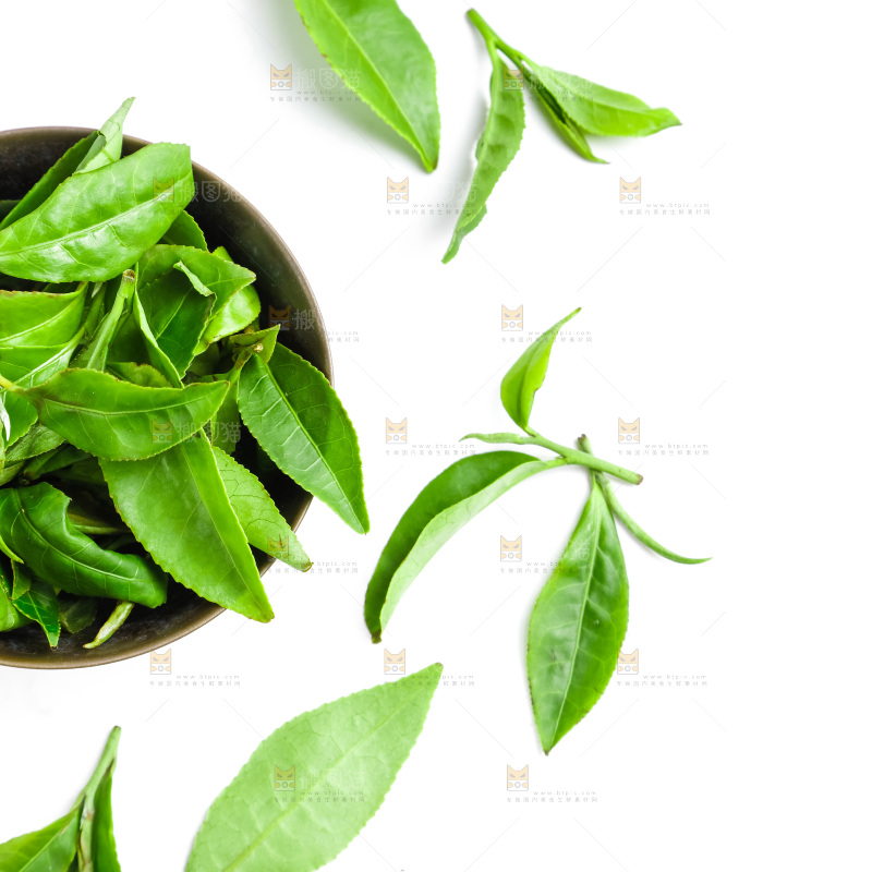 白底上放着绿茶叶