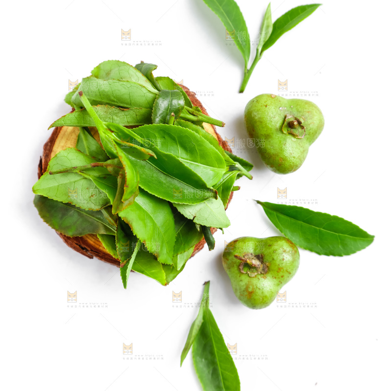 白底上放着绿茶叶