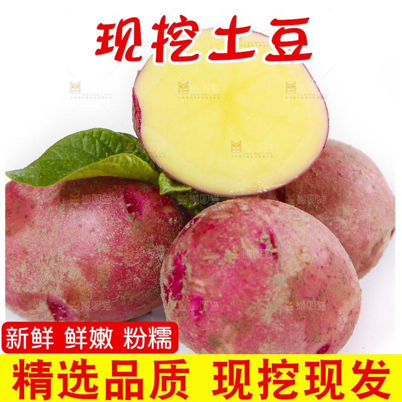 白底上摆放着红皮黄心土豆