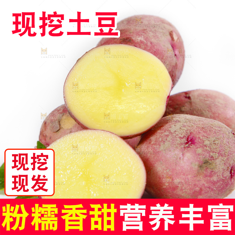 白底上摆放着红皮黄心土豆