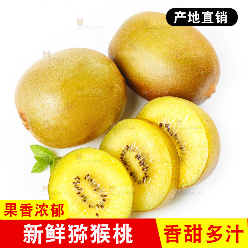 白底上摆放着新鲜黄心猕猴桃