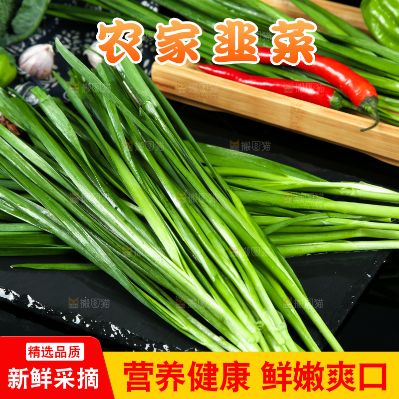 黑底上堆放着韭菜