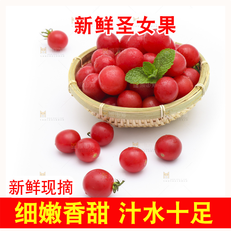 白底上放着一筐新鲜小番茄