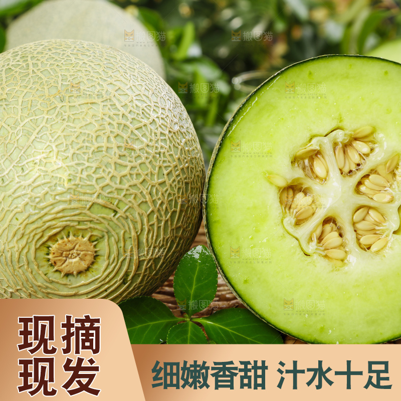 切开的海南网纹蜜瓜放在木底上