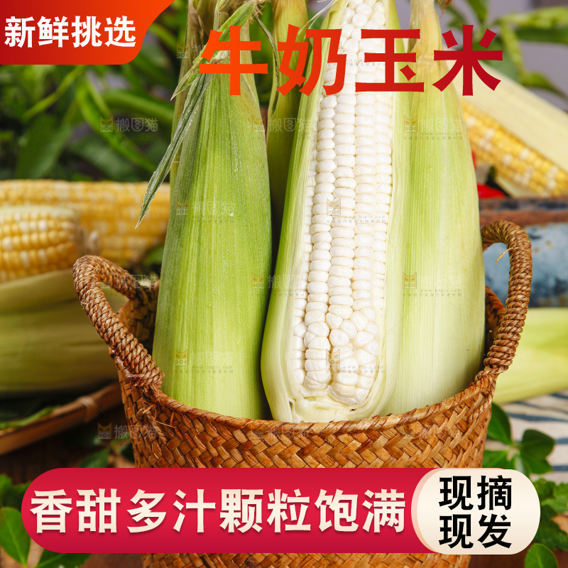 竹篮里放着牛奶玉米