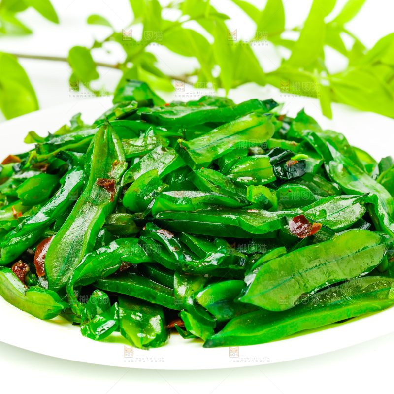 一盘香辣海白菜放在白底上