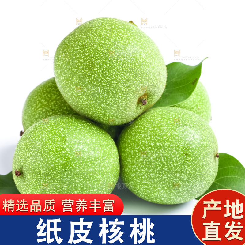 白底上摆放着一堆的新鲜核桃