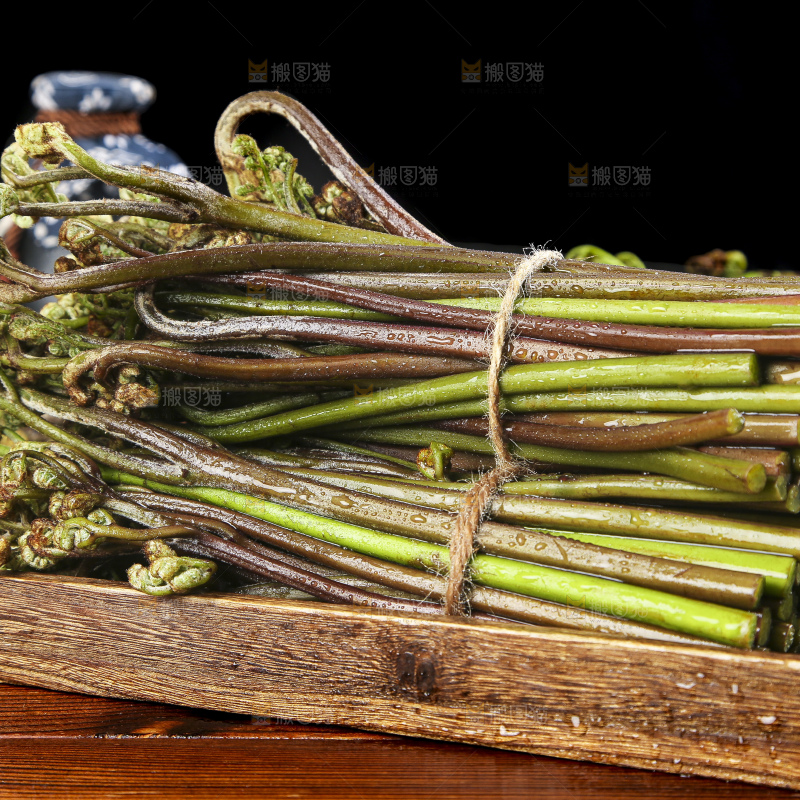 木盘里装着野生蕨菜