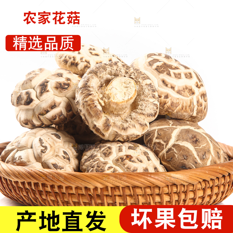 一篮干花菇摆放在白底上