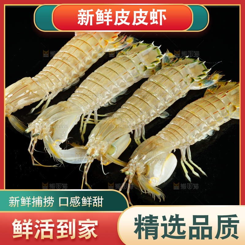 黑底上摆放着皮皮虾