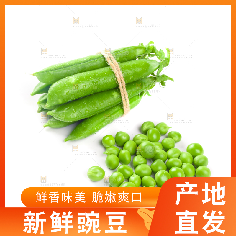白底上放着新鲜豌豆粒