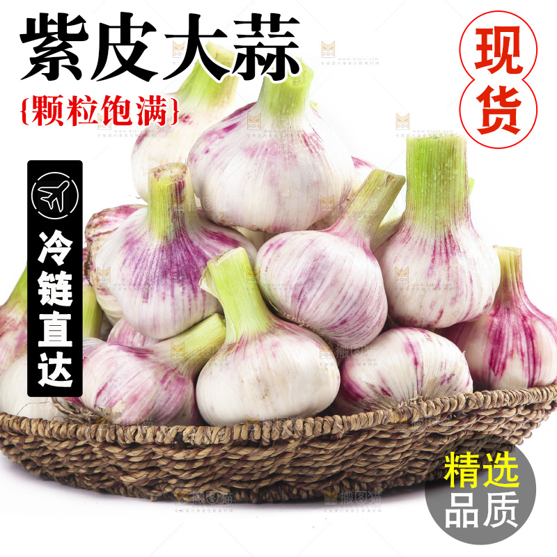 白底上放着一篮新鲜大蒜