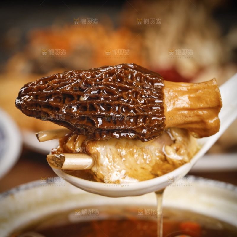 勺子上舀着七彩菌菇鸡汤煲