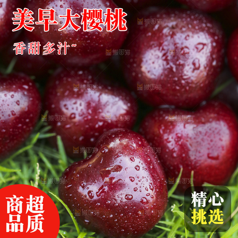 草地上放着一堆烟台大樱桃