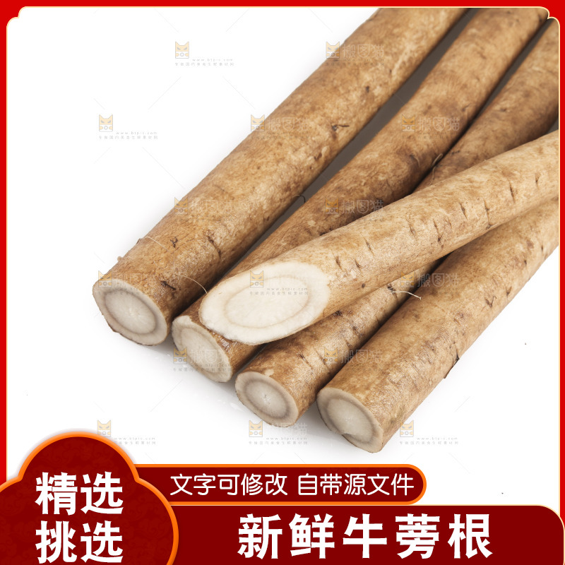 白底上放着鲜牛蒡