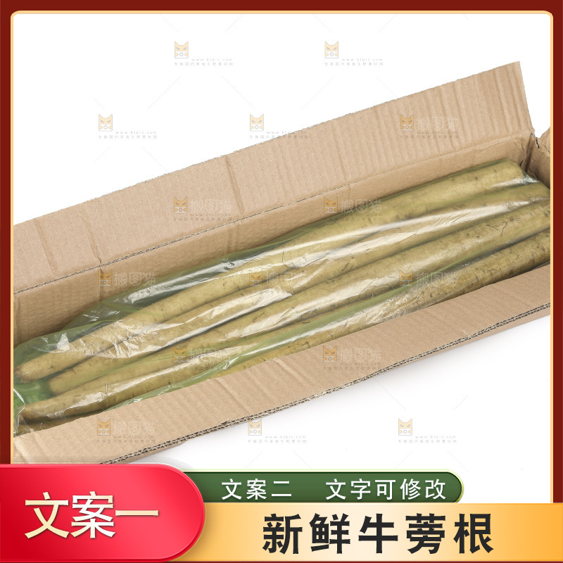 白底上放着一箱新鲜牛蒡根