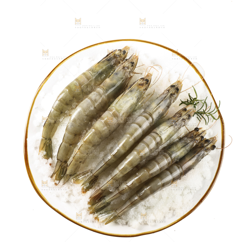 白底上放着一盘大虾