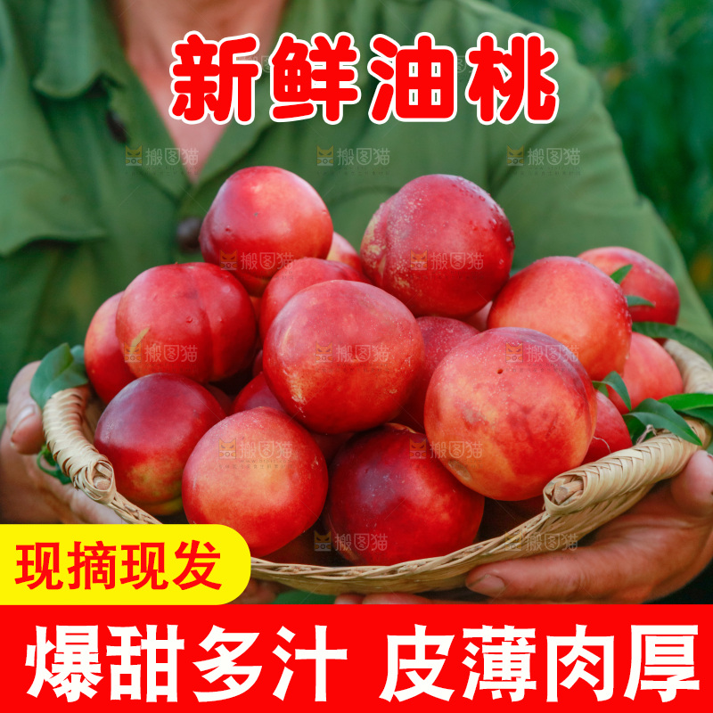 农民手上抱着一筐红油桃