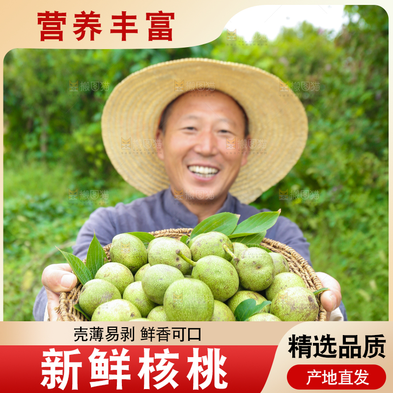 农民手里拿着一篮核桃