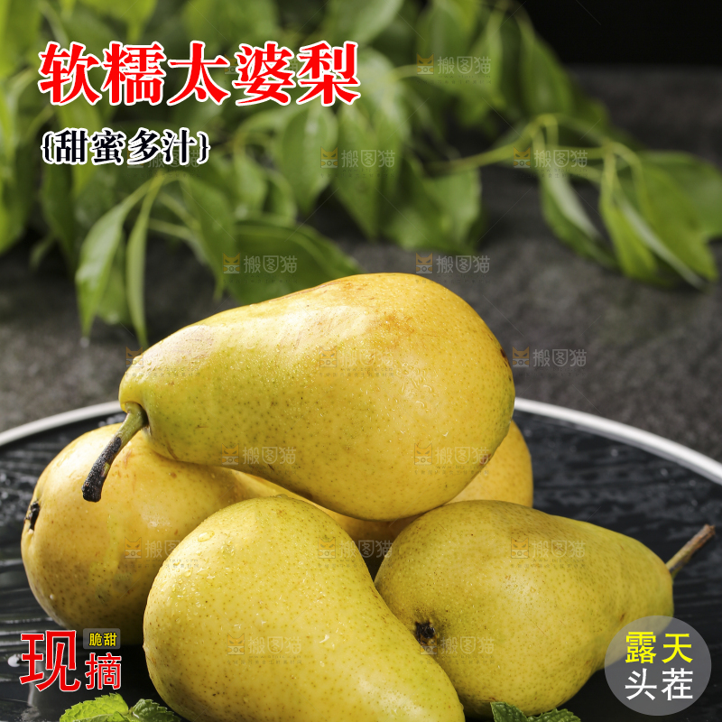 黑底上放着新鲜太婆梨
