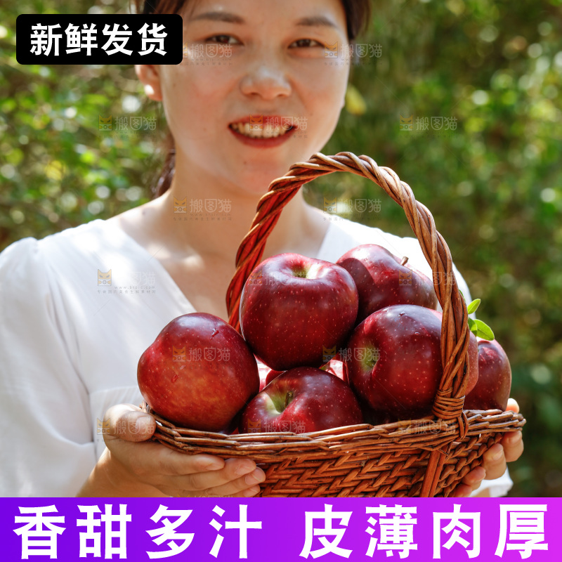 女孩手里拿着一篮花牛苹果