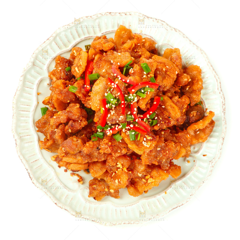 一盘蒜香辣子五花肉摆在白底上