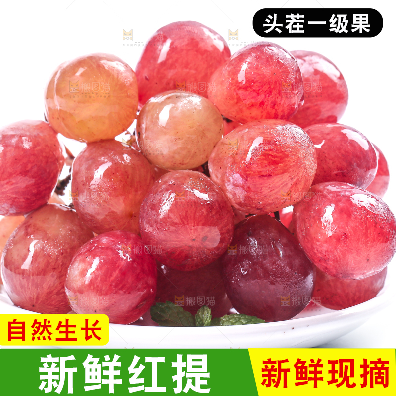 白底上放着一盘红提葡萄