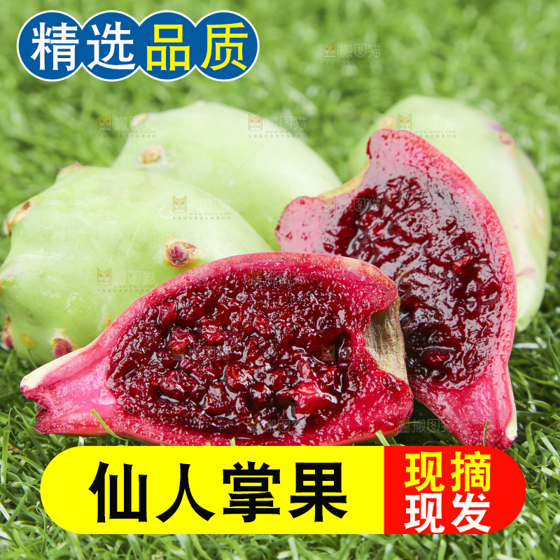 草地上放着切开的红肉仙人掌果