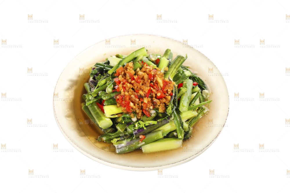 白底上的炒红菜苔