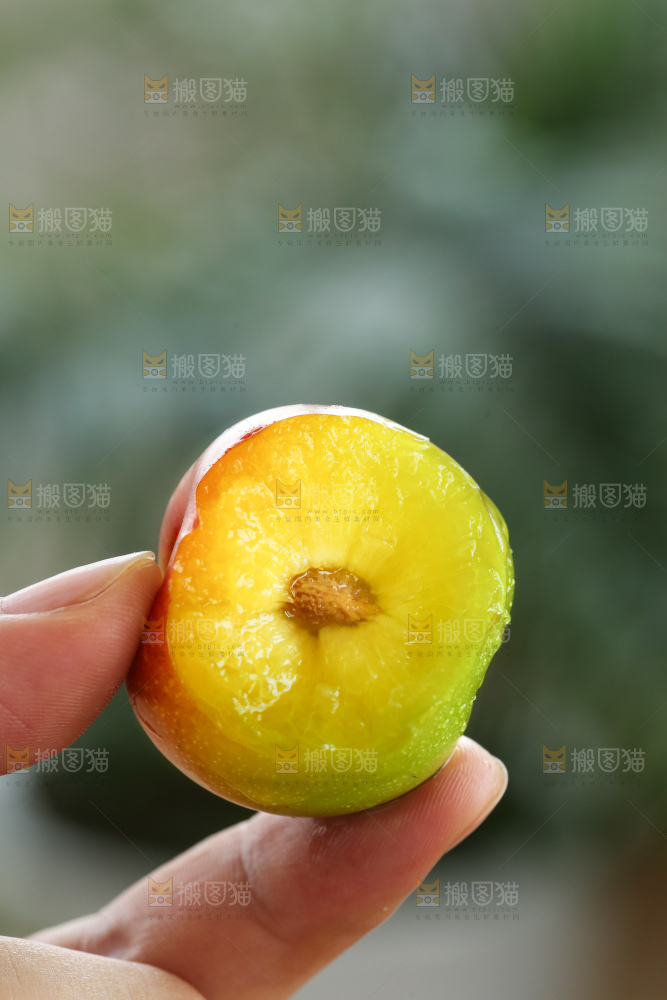 手里拿着半边红李子