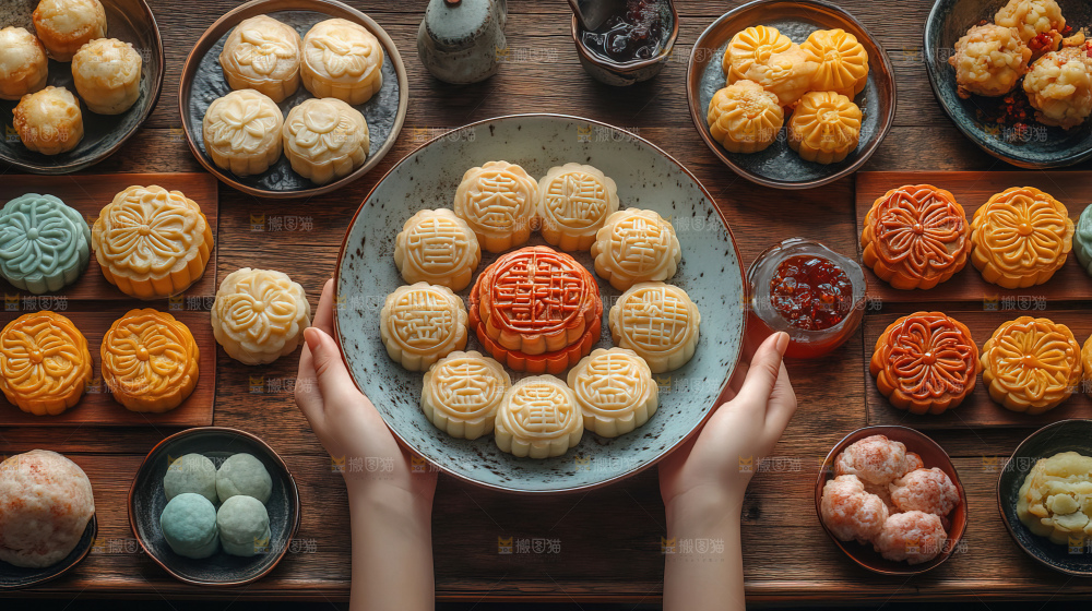中秋素材团圆花灯月饼荷花灯赏月