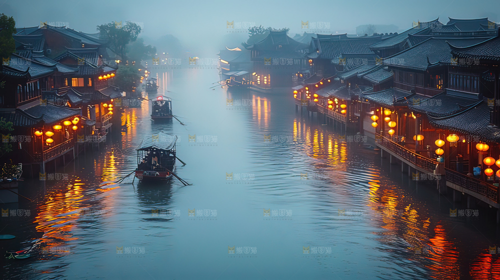水乡乌篷船建筑江南大美中国宁静静谧