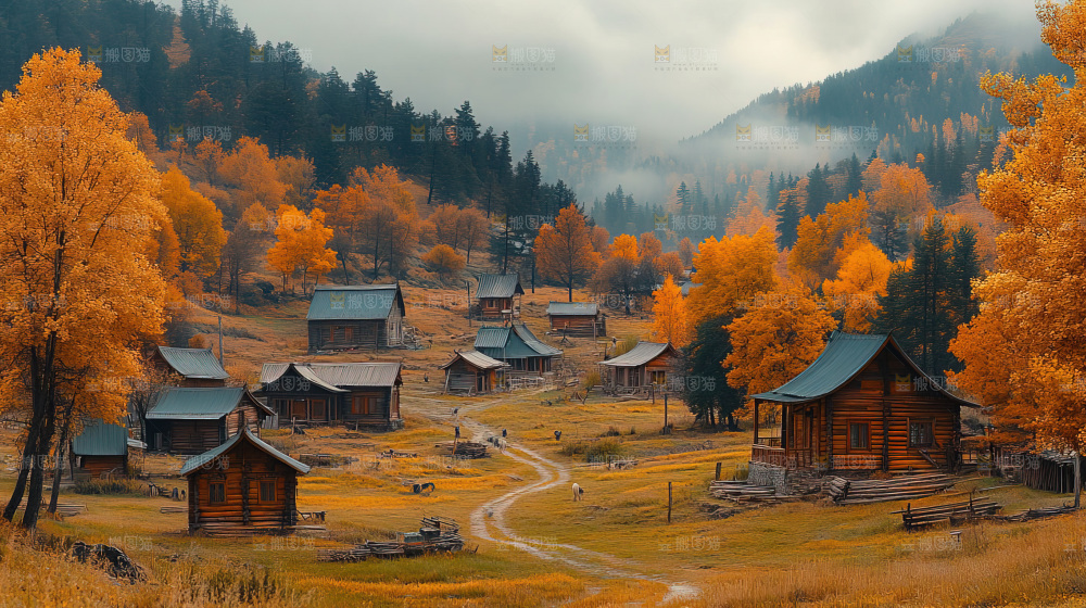 秋日落叶景观场景建筑素材