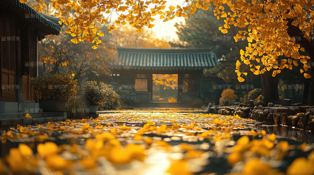 秋日落叶景观场景建筑素材