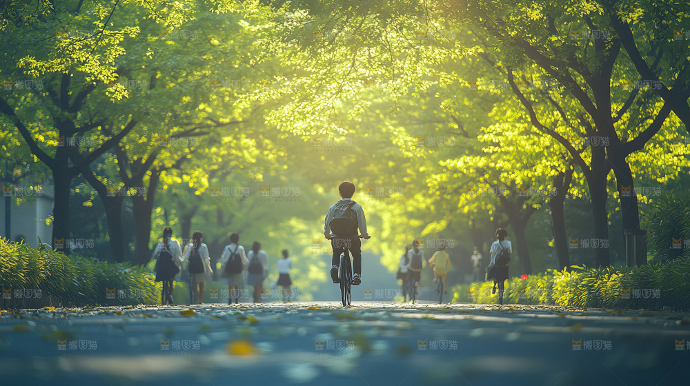 校园林荫小道上的学生