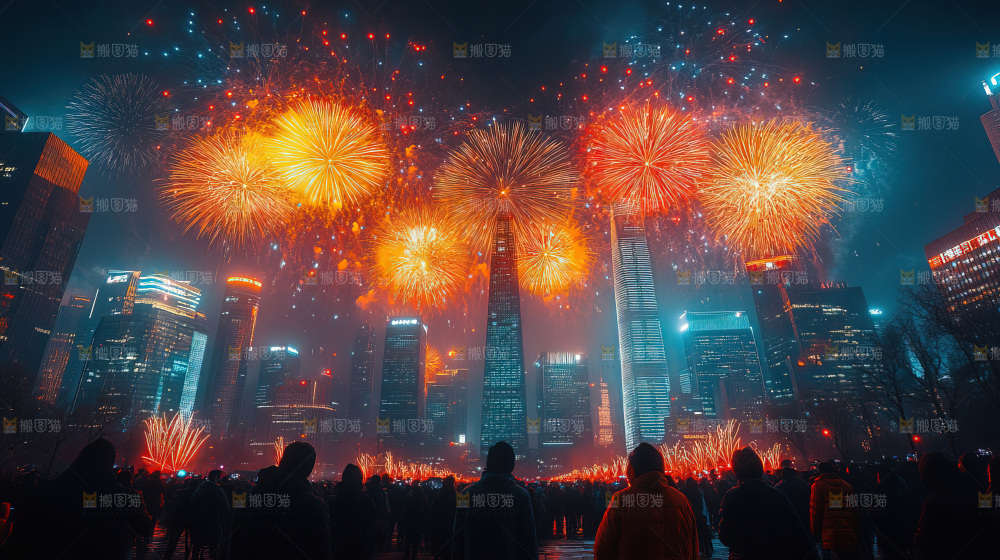 现代城市烟花夜景节日