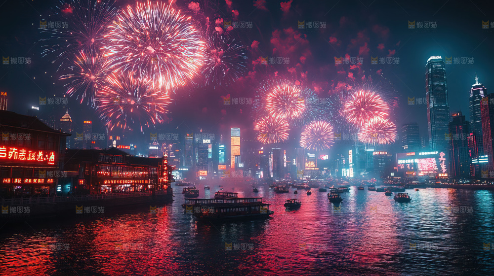 现代城市烟花夜景节日