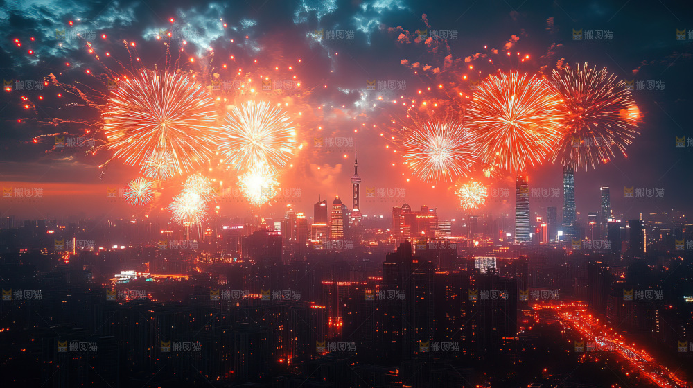现代城市烟花夜景节日