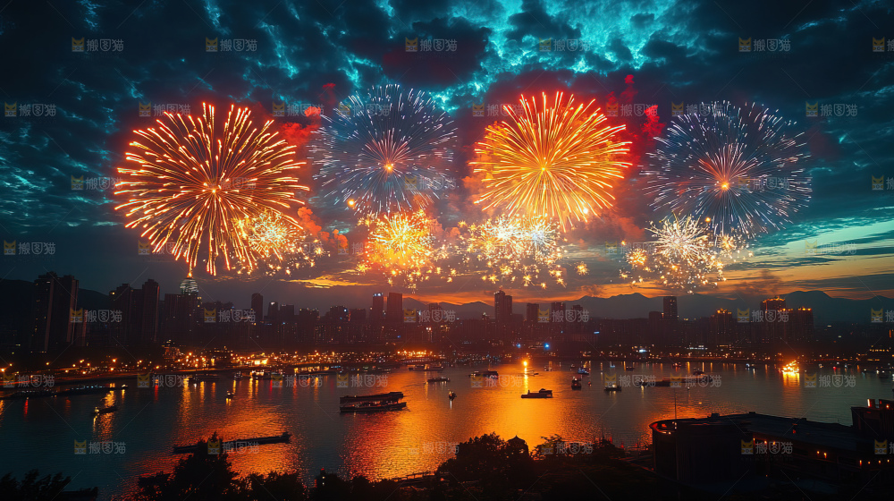 现代城市烟花夜景节日