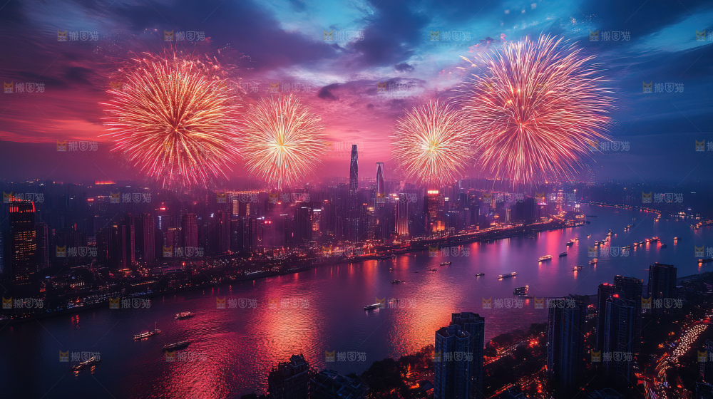 现代城市烟花夜景节日