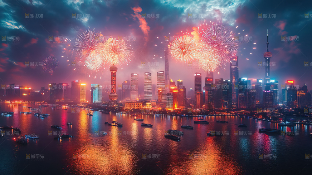 现代城市烟花夜景节日