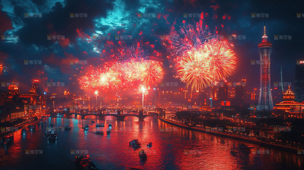 现代城市烟花夜景节日