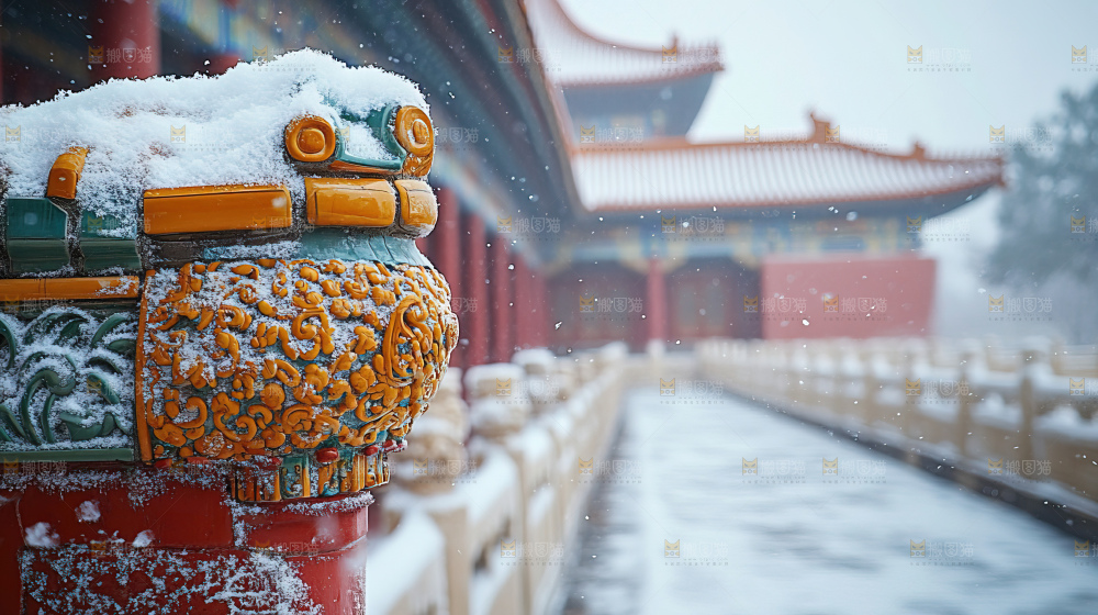宫殿冬季飘雪新年传统建筑红墙