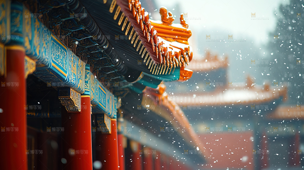 宫殿冬季飘雪新年传统建筑红墙