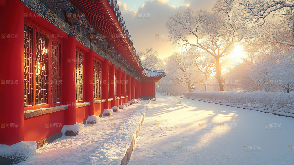 宫殿冬季飘雪新年传统建筑红墙